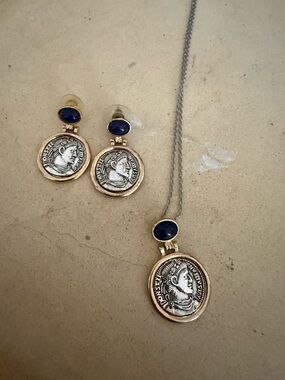 Vintage-Inspired Coin Pendant Necklace and Earrings Set in Navy and Gold